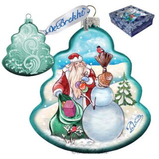 Holiday Santa with Snowman Tree Glass Ornament by G Debrekht