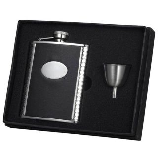 Tux Ribbed Design Black Leather 6 ounce Liquor Flask/ Funnel Gift Set