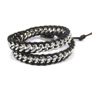 Silver Cable Links Genuine Leather Double Wrap Bracelet (Thailand)