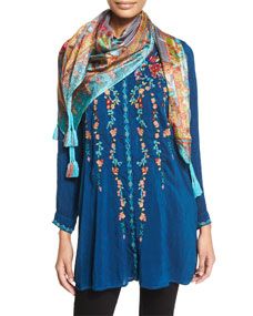 Johnny Was Collection Ivy Embroidered Long Sleeve Tunic & Hummingbird Square Silk Scarf