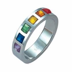 High Polish Stainless Steel Multicolored Faux Stone Gay Pride Ring