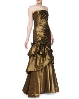 Carmen Marc Valvo Strapless Asymmetric Taffeta Gown, Burnished Gold