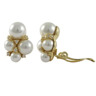 Sterling Silver Gold Finish Shell Pearls Cubic Zirconia Cluster Clip