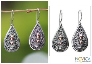Sterling Silver Gold Accent Bali Antique Dangle Earrings (Indonesia