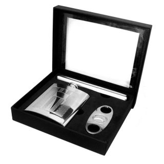 Stainless Steel Flask, Cigar Case and Cutter Gift Box Set  