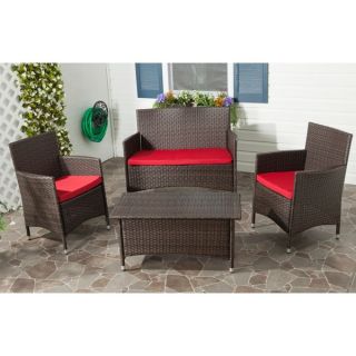 Safavieh Outdoor Living Brown PE Wicker Red Cushion Glass Top 4 piece