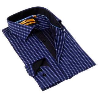 Brio Milano MensCotton Black and Blue Stripe Button up Dress Shirt