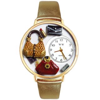 Whimsical Womens Purse Lover Theme Gold Leather Strap Watch