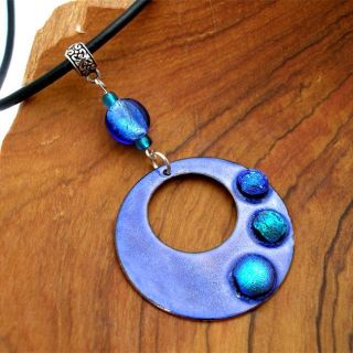 Silver, Glass and Leather Blue Round Enamel Necklace (Chile