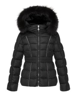 Moncler Eulali Fur Trim Puffer Coat, Black, Size 4 6