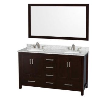 Wyndham Collection Sheffield 60 inch Double Bathroom Vanity in Espresso, White Carrera Marble Countertop, Undermount Oval Sinks, and 58 inch Mirror