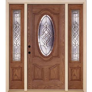 Feather River Doors 67.5 in. x 81.625 in. Lakewood Brass 3/4 Oval Lite Stained Medium Oak Fiberglass Prehung Front Door with Sidelites 721491 3B3