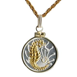 Gorgeous 2 tone Gold & Silver Singapore Seahorse Coin Necklace S 138W