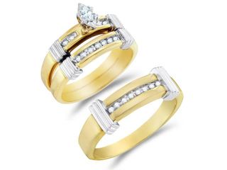 10K Two Tone Gold Diamond His & Hers Trio Ring Set   Solitaire Setting w/ Channel Set Marquise & Round Diamonds   (1/5 cttw, G H, SI2)   SEE "OVERVIEW" TO CHOOSE BOTH SIZES