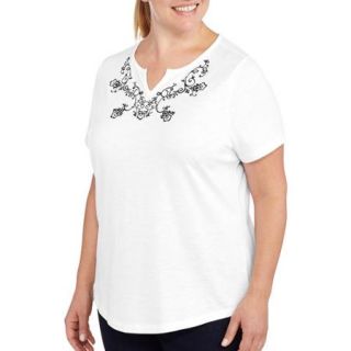 Faded Glory Women's Plus Size Split Neck Embroidered Tee