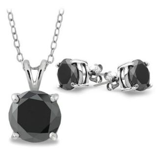 DB Designs Sterling Silver 3ct TDW Black Diamond Solitaire Stud Earrings and Necklace Set