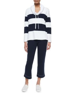 Striped Drawstring Collar Sweater & Pants Set, Navy/White