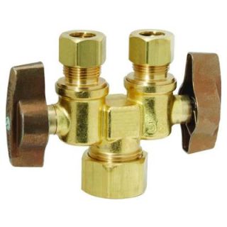 BrassCraft 1/2 in. Nom Comp Inlet x 3/8 in. O.D. Comp x 3/8 in. O.D. Comp Dual Outlet Dual Shut Off 1/4 Turn Straight Ball Valve KTCR1901DVSX R