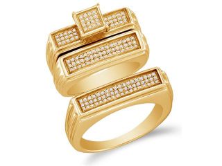 .925 Silver Plated in Yellow Gold Diamond His & Hers Trio Set   Square Shape Center Setting w/ Micro Pave Set Round Diamonds   (.43 cttw, G H, SI2)   SEE "OVERVIEW" TO CHOOSE BOTH SIZES