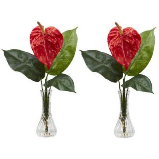 Nearly Natural 14.5 in. H Red Anthurium with Bud Vase Silk Flower Arrangement (Set of 2) 1286