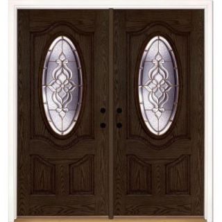 Feather River Doors 74 in. x 81.625 in. Lakewood Brass 3/4 Oval Lite Stained Walnut Oak Fiberglass Double Prehung Front Door 721991 400
