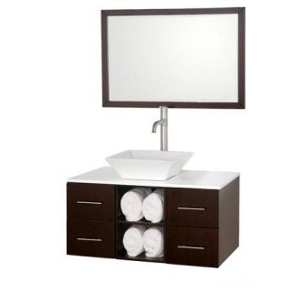 Wyndham Collection Abba 36 inch Single Bathroom Vanity in Espresso, White Man Made Stone Countertop, Altair Black Granite Sink, and 36 inch Mirror