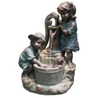 Alpine Old Fashioned Pump Fountain with 2 Kids and LED Lights GXT250