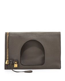 TOM FORD Alix Leather Padlock & Zip Fold Over Bag, Graphite (Dark Gray )