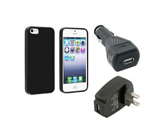 Insten Black Jelly TPU Rubber Skin Case with Travel/Wall Charger + Car Charger Adapter Compatible with Apple iPhone 5 / 5S
