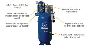 Quincy QT-5 Splash Lubricated Reciprocating Air Compressor with MAX Package  — 5 HP, 230 Volt, 1 Phase, 80 Gallon Vertical, Model# 251CS80VCBM  80   100 Gallon, 5 HP Vertical Air Compressors