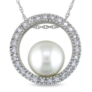 Miadora 10k White Gold Pearl and 1/5ct TDW Diamond Necklace (H I, I2