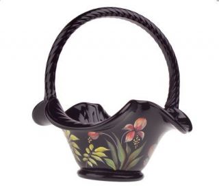 Fenton Art Glass Black Ribbed Basket with Floral Design —