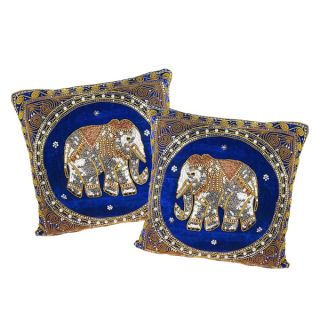 Set of 2 Elephant Embroidered Velvet Throw Pillow Cases (Thailand