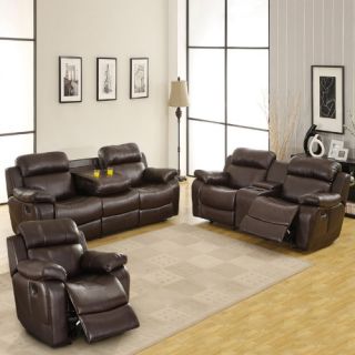 Darrin Leather Reclining Sofa Set with Console   Brown   Sofa Sets