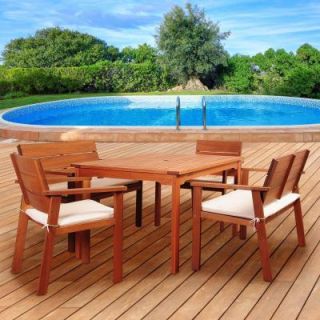 ia Nelson 5 Piece Rectangular Eucalyptus Patio Dining Set with Striped Beige and Off White Cushions SC 2NELSBENCH_2NELSARM_BT361