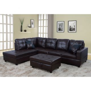 Delma 3 pc Faux Leather Left Chaise Sectional Set with Storage Ottoman