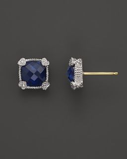 Judith Ripka Small Cushion Stone Stud Earrings with White Sapphires and Lab Created Blue Corundum