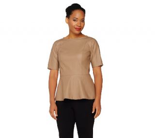 Dennis Basso Short Sleeve Faux Leather Peplum Top   A264193 —