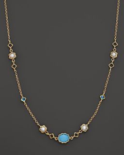 Turquoise Doublet, Blue Topaz and Cultured Freshwater Pearl Necklace in 14K Yellow Gold, 22"