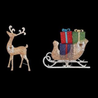 Home Accents Holiday 7.5 ft. Pre Lit Gold Standing Deer and 6 ft. Sleigh with Gift Boxes TY499+449 1511