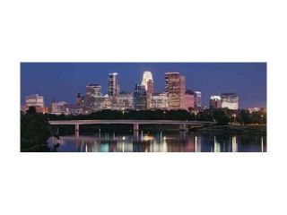 Buildings lit up at night in a city, Minneapolis, Mississippi River, Hennepin County, Minnesota, USA Print by Panoramic