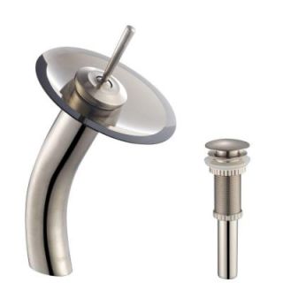 KRAUS Single Hole Single Handle Low Arc Vessel Glass Waterfall Bathroom Faucet in Satin Nickel with Glass Disk in Clear Brown KGW 1700 PU 10SN BRCL