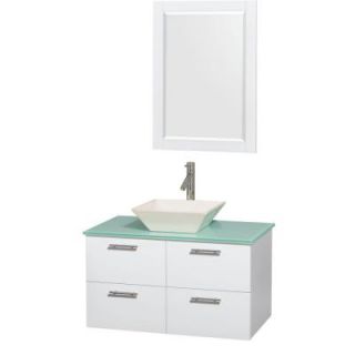 Wyndham Collection Amare 36 in. Vanity in Glossy White with Glass Vanity Top in Green, Porcelain Sink and 24 in. Mirror WCR410036SGWGGD2BM24