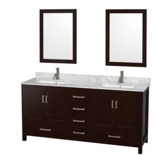 Wyndham Collection Sheffield 72 in. Double Vanity in Espresso with Marble Vanity Top in Carrara White and 24 in. Mirrors WCS141472DESCMUNSM24