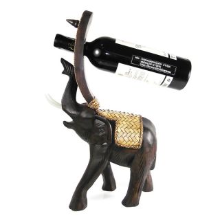 Joyous Elephant Carved Rain Tree Wooden Wine Bottle Holder (Thailand
