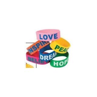 Jumbo Rubber Sayings Bracelets (12 Pack)   Message bracelets include BELIEVE, HOPE, INSPIRE, LOVE, DREAM and PEACE