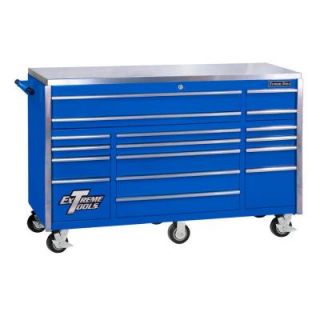 Extreme Tools 72 in. 17 Drawer Professional Roller Cabinet with Stainless Steel Work Surface, Blue EX7217RCBL