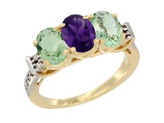 14K Yellow Gold Natural Amethyst & Green Amethyst Sides Ring 3 Stone 7x5 mm Oval Diamond Accent, sizes 5   10