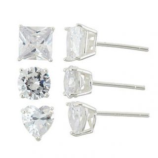 Sterling Silver 3 Pair Cubic Zirconia Heart Round and Square Stud
