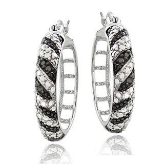 DB Designs Silvertone Black Diamond Accent Zebra Stripes Hoops